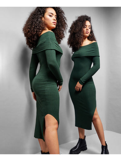 INC Womens Green Stretch Ribbed Slitted Lined Long Sleeve Off Shoulder Midi Body Con Dress XL