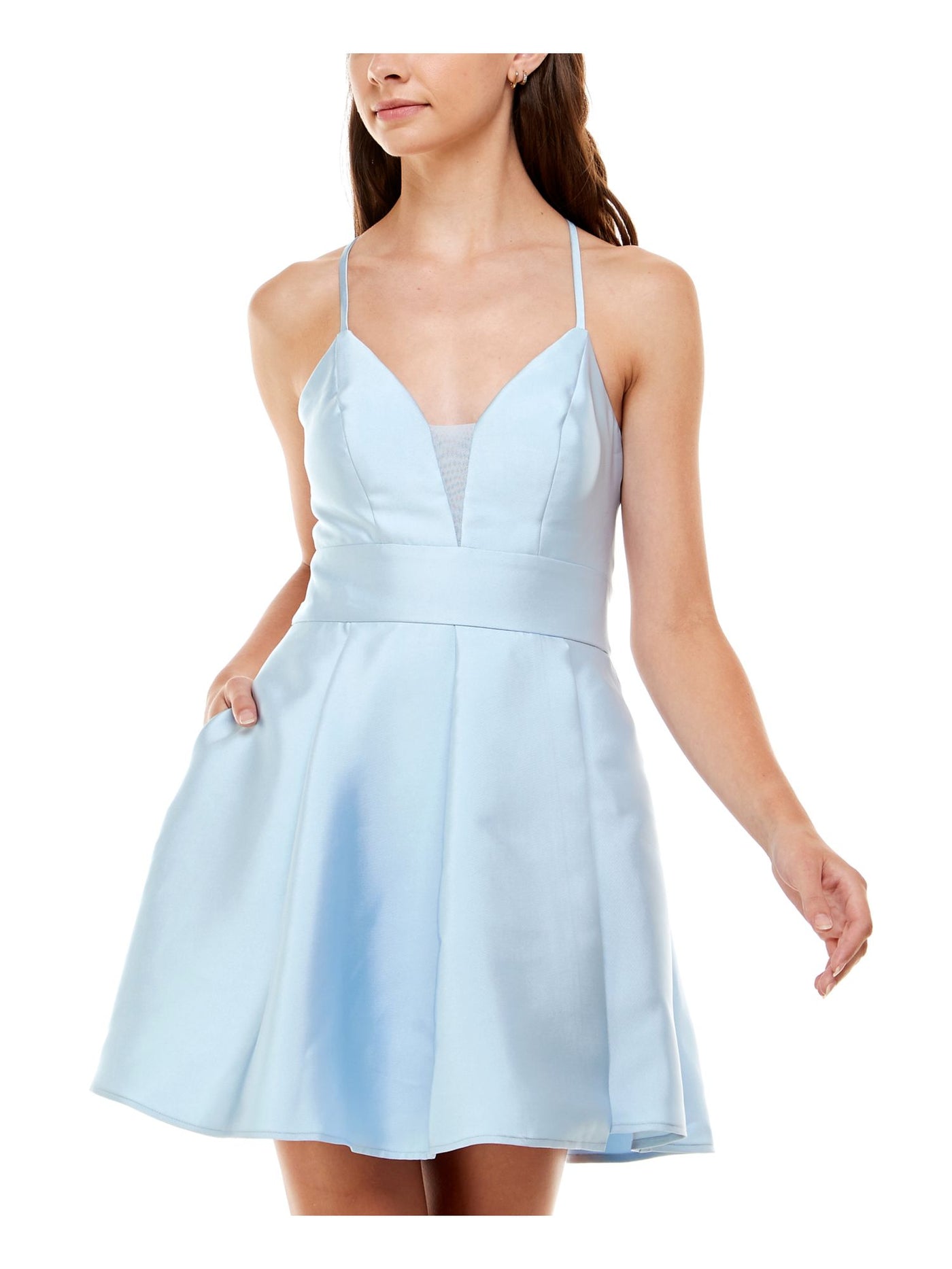 SPEECHLESS Womens Light Blue Pocketed Zippered Cut Out Lace Back Pleated Spaghetti Strap V Neck Short Party Fit + Flare Dress 9