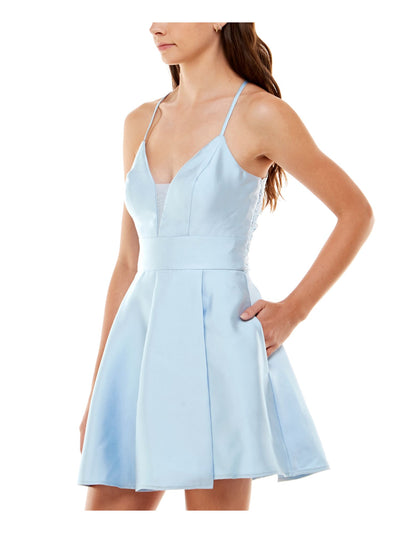 SPEECHLESS Womens Light Blue Pocketed Zippered Cut Out Lace Back Pleated Spaghetti Strap V Neck Short Party Fit + Flare Dress 7