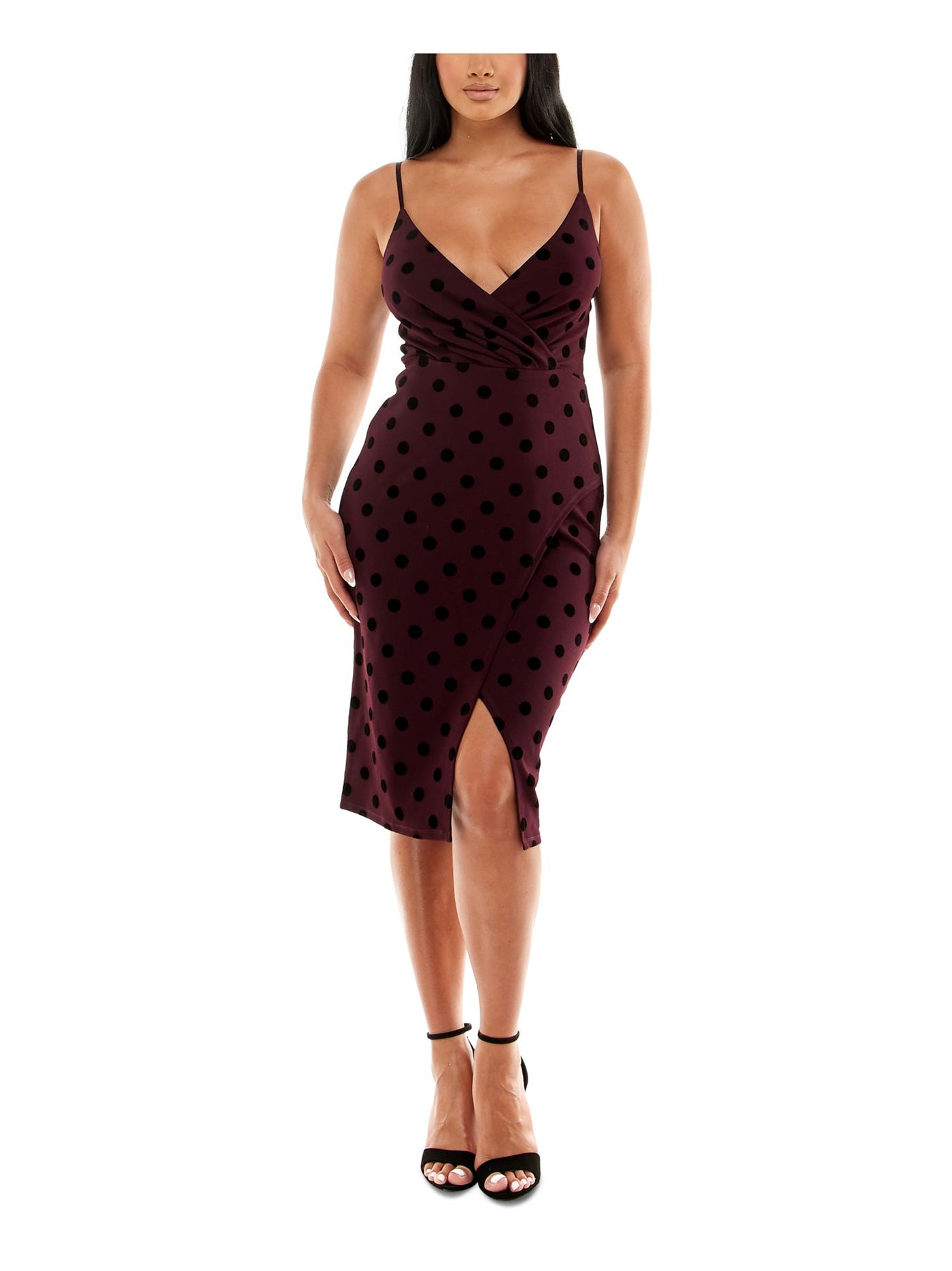 SPEECHLESS Womens Burgundy Slitted Adjustable Straps Velvet Detail Polka Dot Spaghetti Strap Surplice Neckline Knee Length Evening Faux Wrap Dress 3