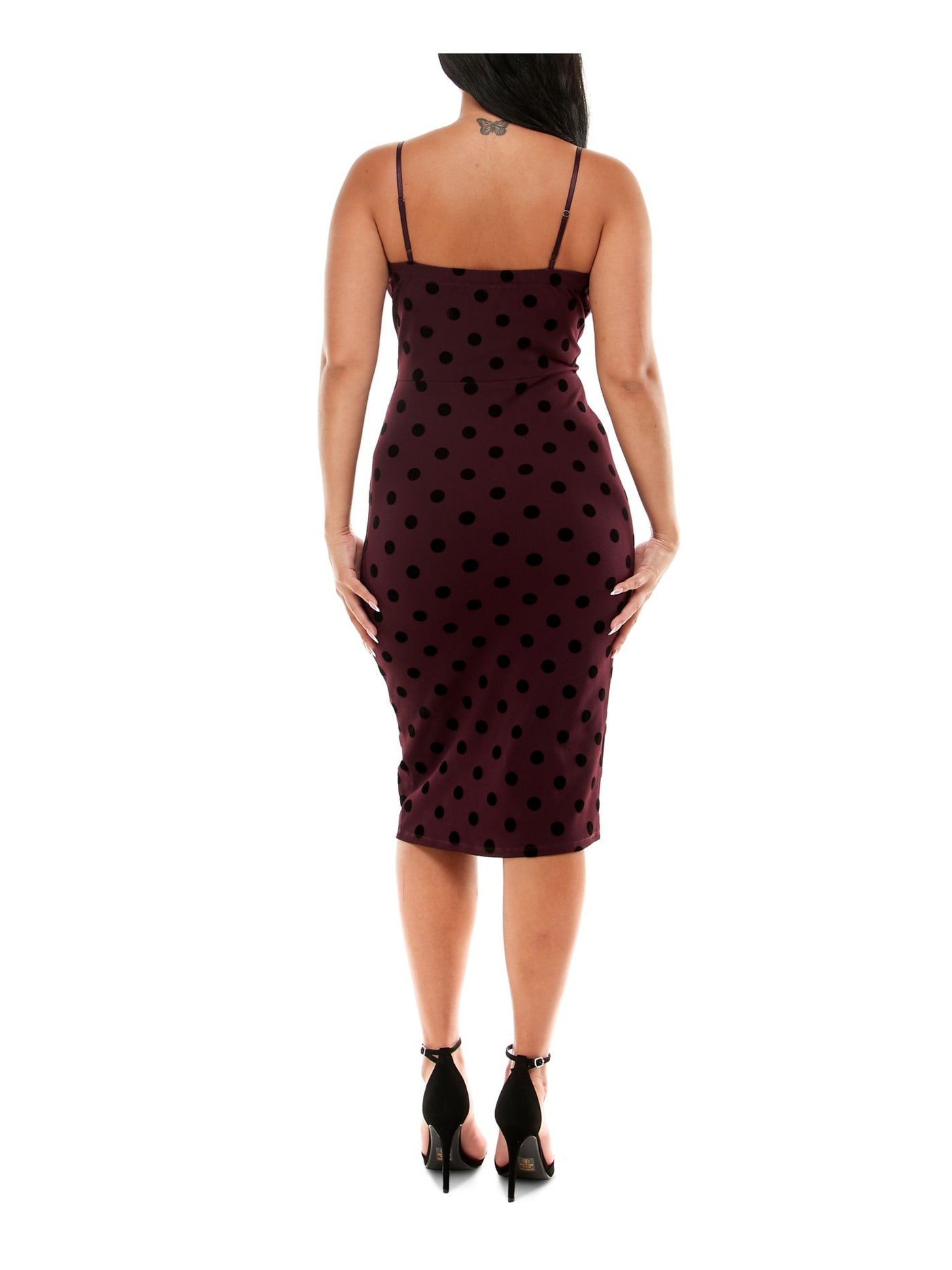 SPEECHLESS Womens Burgundy Slitted Adjustable Straps Velvet Detail Polka Dot Spaghetti Strap Surplice Neckline Knee Length Evening Faux Wrap Dress 3