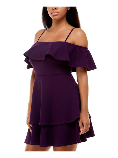 B DARLIN Womens Purple Stretch Ruffled Zippered Adjustable Straps Layered Hem Flutter Sleeve Off Shoulder Short Party Fit + Flare Dress 3\4