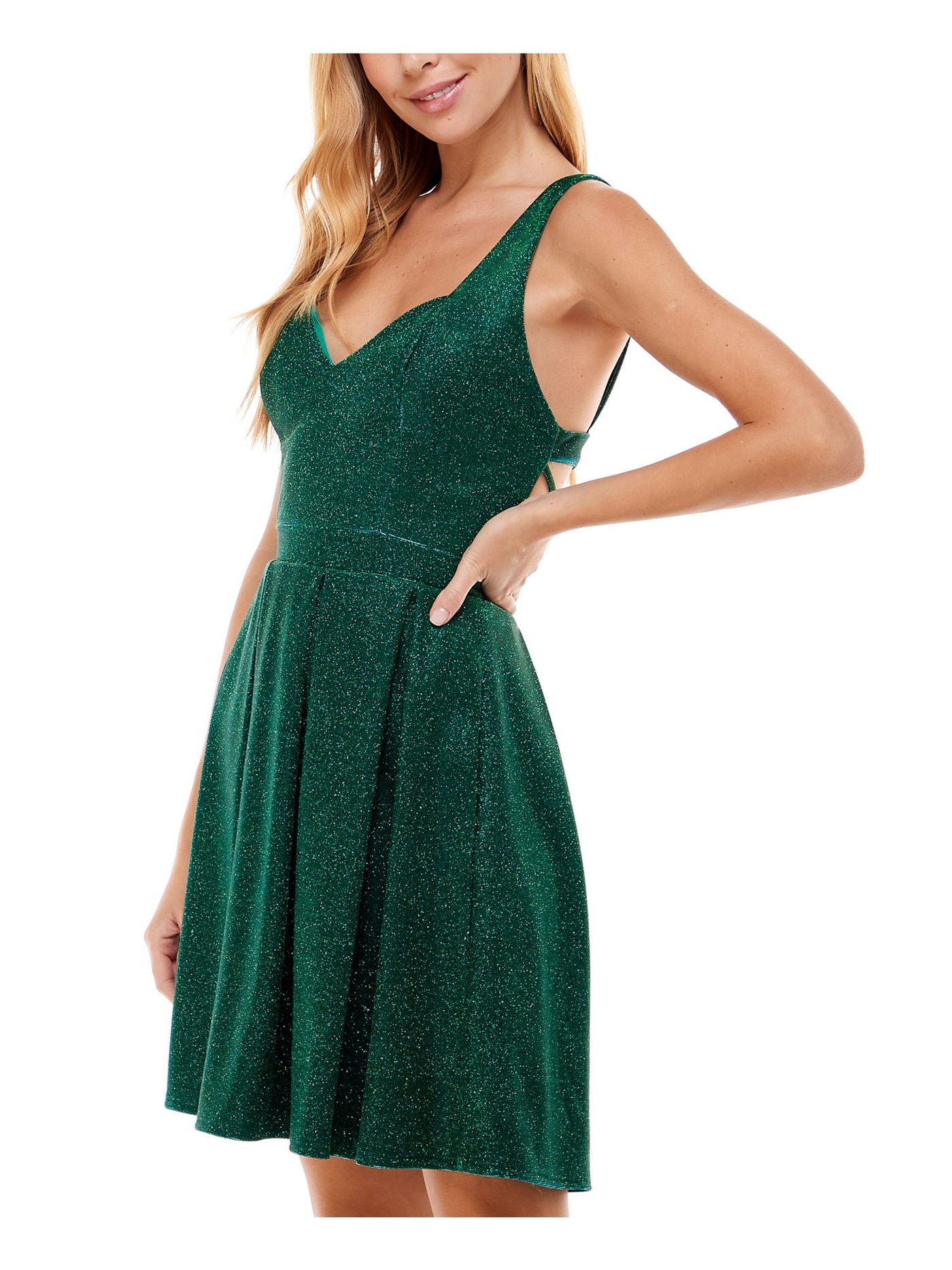 CRYSTAL DOLLS Womens Green Zippered Pleated Cage-back Cupped Lined Sleeveless Queen Anne Neckline Short Party Fit + Flare Dress 11