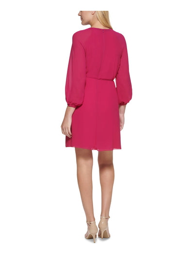 VINCE CAMUTO Womens Pink Tie Zippered Gathered Lined Blouson Sleeve Jewel Neck Above The Knee Wear To Work Sheath Dress Petites 14P