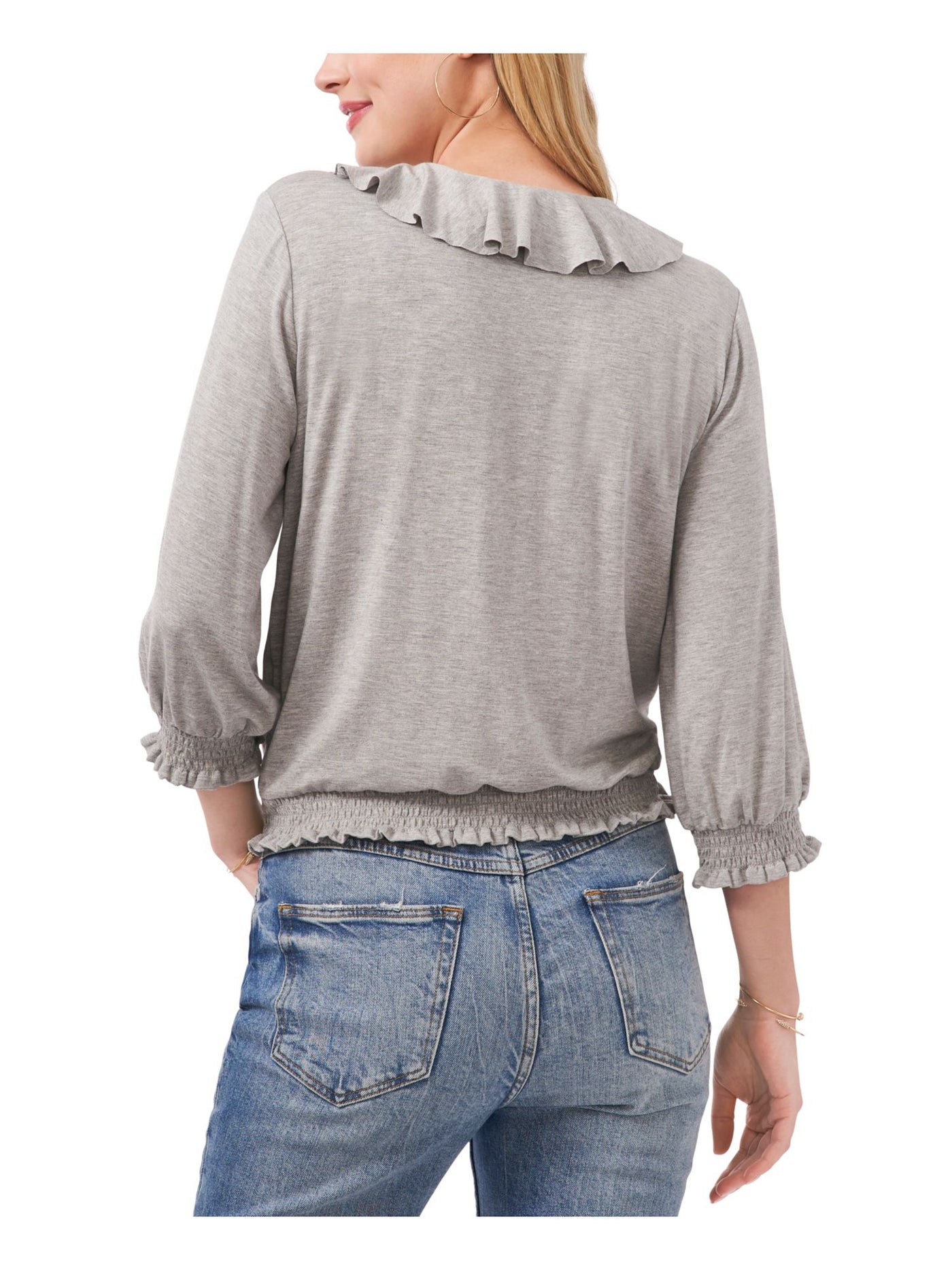 VINCE CAMUTO Womens Gray Ruffled Smocked Heather 3/4 Sleeve V Neck Top S