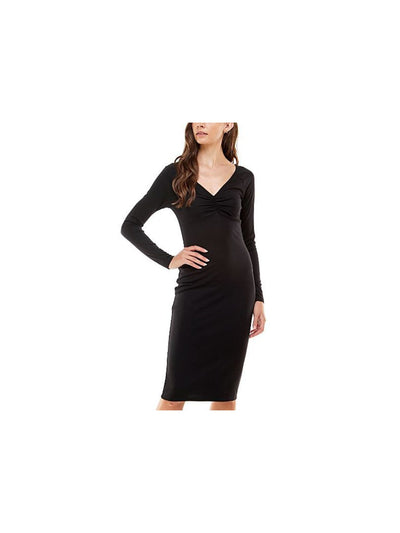 PLANET GOLD Womens Black Stretch Ruched Long Sleeve V Neck Knee Length Cocktail Sheath Dress M