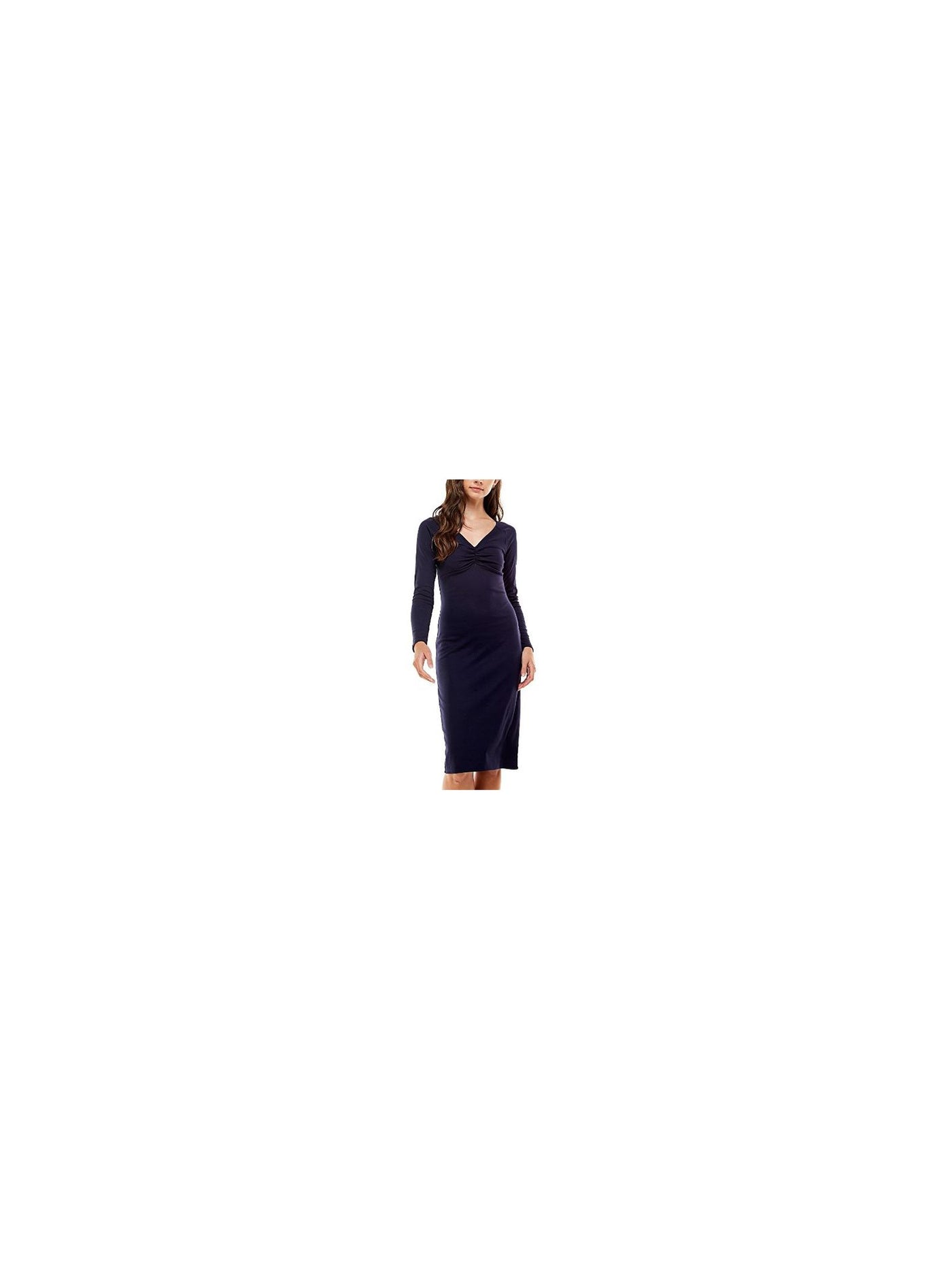PLANET GOLD Womens Navy Stretch Ruched Long Sleeve V Neck Knee Length Cocktail Sheath Dress M