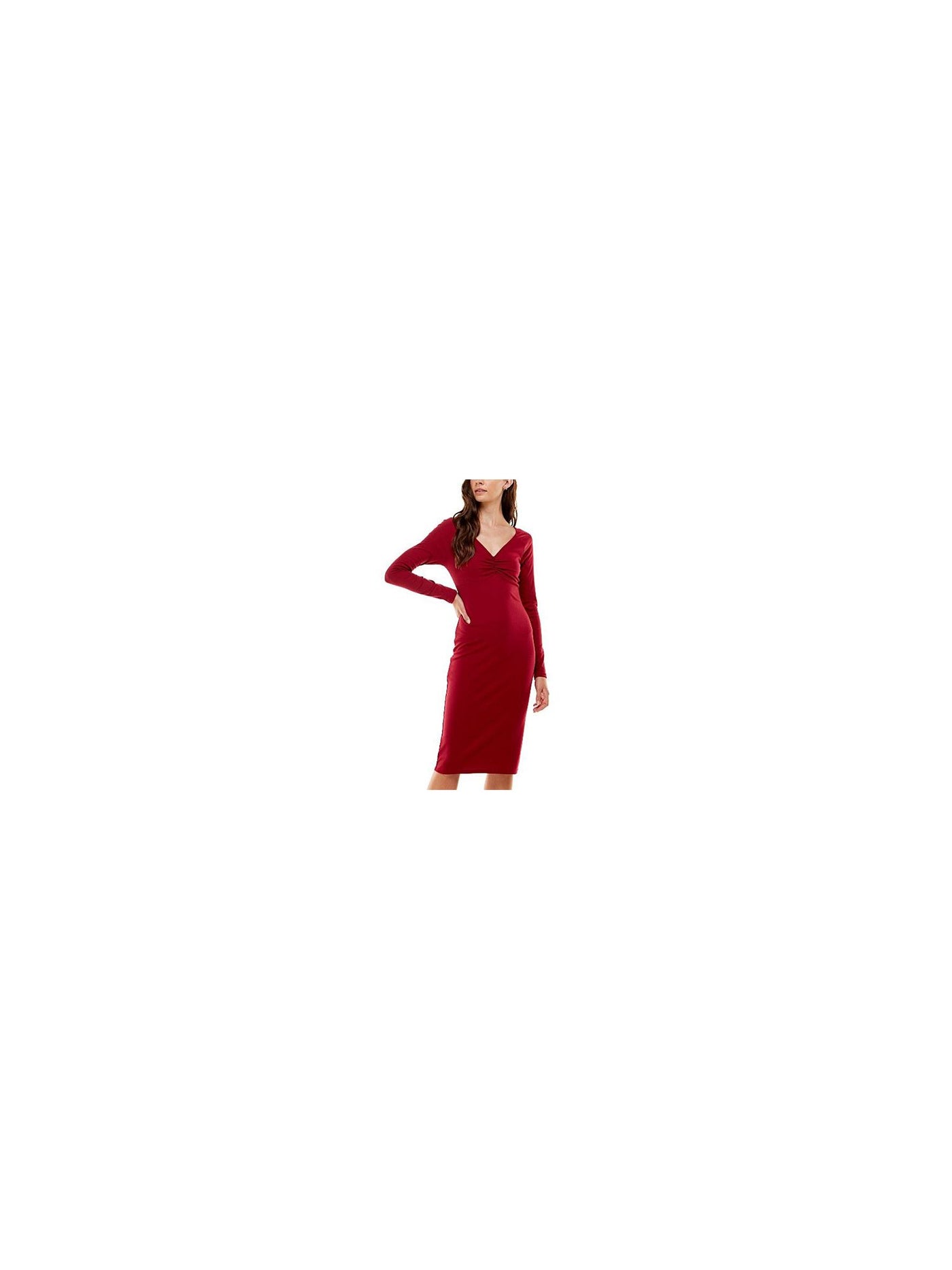 PLANET GOLD Womens Stretch Ruched Cut Out Unlined Pullover Styling Long Sleeve V Neck Knee Length Cocktail Sheath Dress