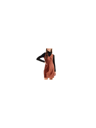 PLANET GOLD Womens Brown Stretch Zippered Sleeveless V Neck Above The Knee Shift Dress XXS