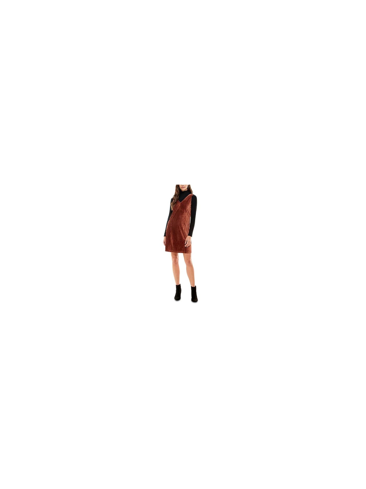 PLANET GOLD Womens Brown Stretch Zippered With Mock-neck Tee Sleeveless V Neck Above The Knee Shift Dress L