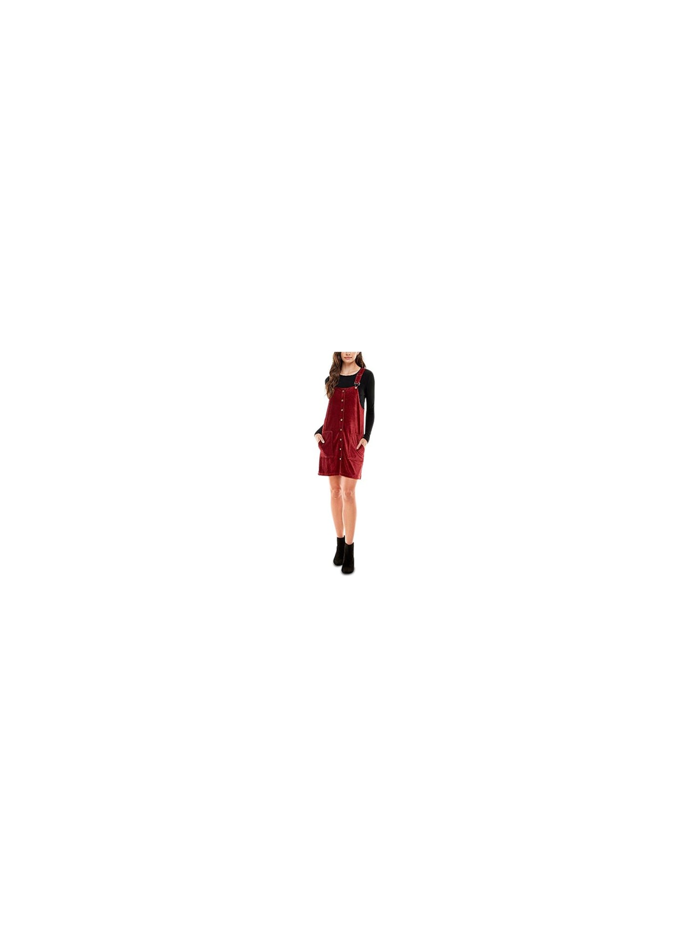 PLANET GOLD Womens Maroon Corduroy Pocketed Adjustable Suspender Straps Sleeveless Square Neck Short Shift Dress Juniors XXL