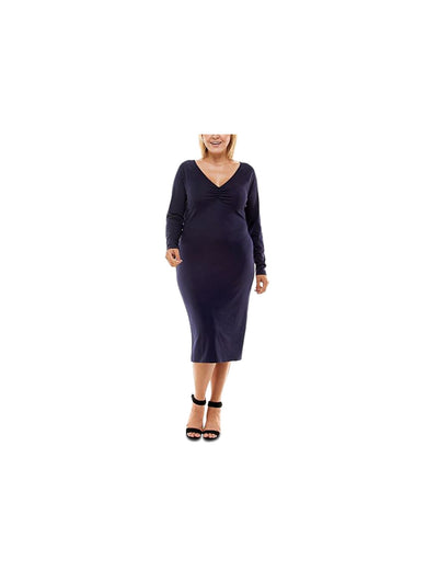 PLANET GOLD Womens Navy Stretch Ruched Long Sleeve V Neck Below The Knee Cocktail Sheath Dress Plus 1X