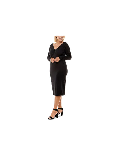PLANET GOLD PLUS Womens Black Stretch Ruched Twisted Back Cutout Long Sleeve V Neck Below The Knee Cocktail Sheath Dress Plus 1X