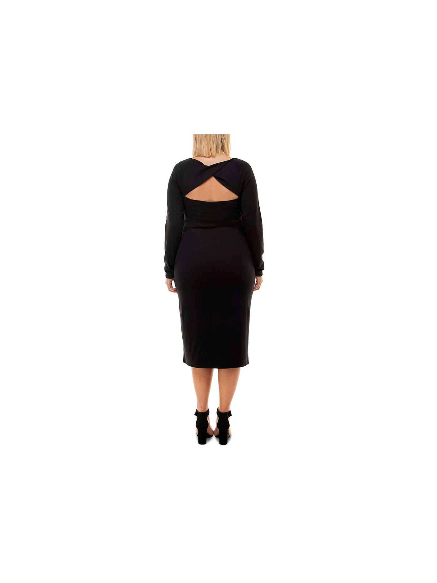 PLANET GOLD PLUS Womens Black Stretch Ruched Twisted Back Cutout Long Sleeve V Neck Below The Knee Cocktail Sheath Dress Plus 1X