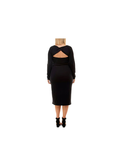 PLANET GOLD PLUS Womens Black Stretch Ruched Twisted Back Cutout Long Sleeve V Neck Below The Knee Cocktail Sheath Dress Plus 1X