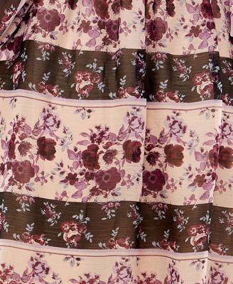 CRYSTAL DOLLS Womens Beige Ruffled Sheer Lined Tie Keyhole Closure Floral 3/4 Sleeve V Neck Above The Knee Cocktail A-Line Dress