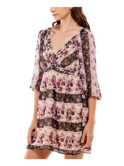 CRYSTAL DOLLS Womens Beige Ruffled Sheer Lined Tie Keyhole Closure Floral 3/4 Sleeve V Neck Above The Knee Cocktail A-Line Dress XXS