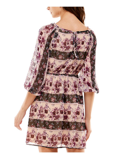 CRYSTAL DOLLS Womens Beige Ruffled Sheer Lined Tie Keyhole Closure Floral 3/4 Sleeve V Neck Above The Knee Cocktail A-Line Dress XXS