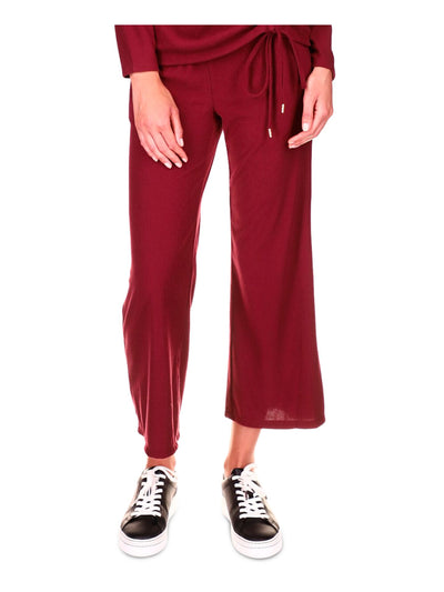 MICHAEL KORS Womens Maroon Ribbed Tie Rib Knit Kick Flare Cropped High Waist Pants L