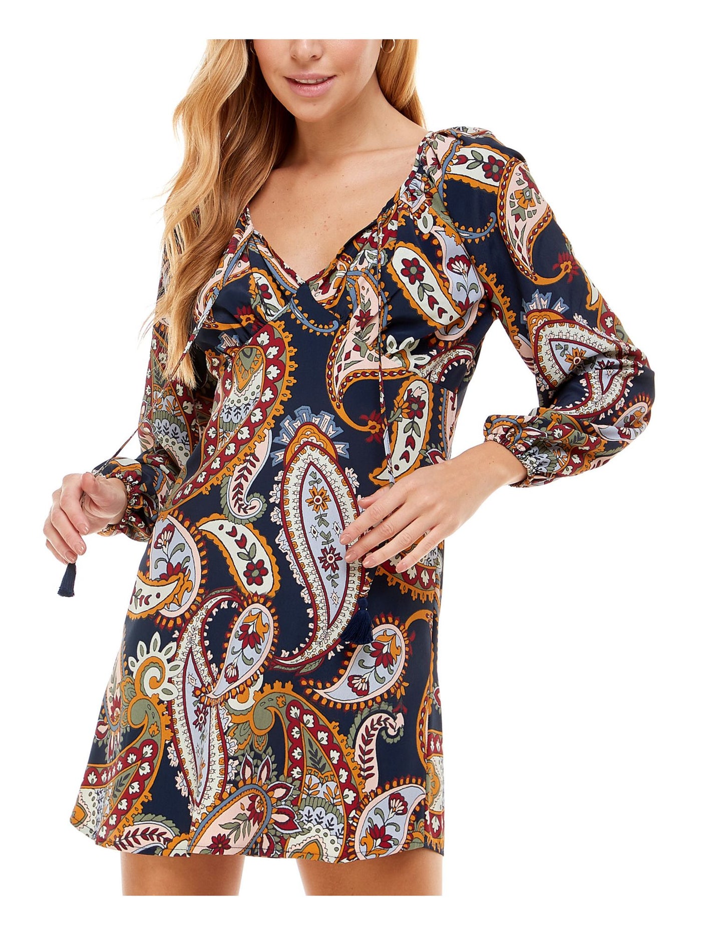 CITY STUDIO Womens Navy Printed Blouson Sleeve V Neck Short Party Shift Dress XXS