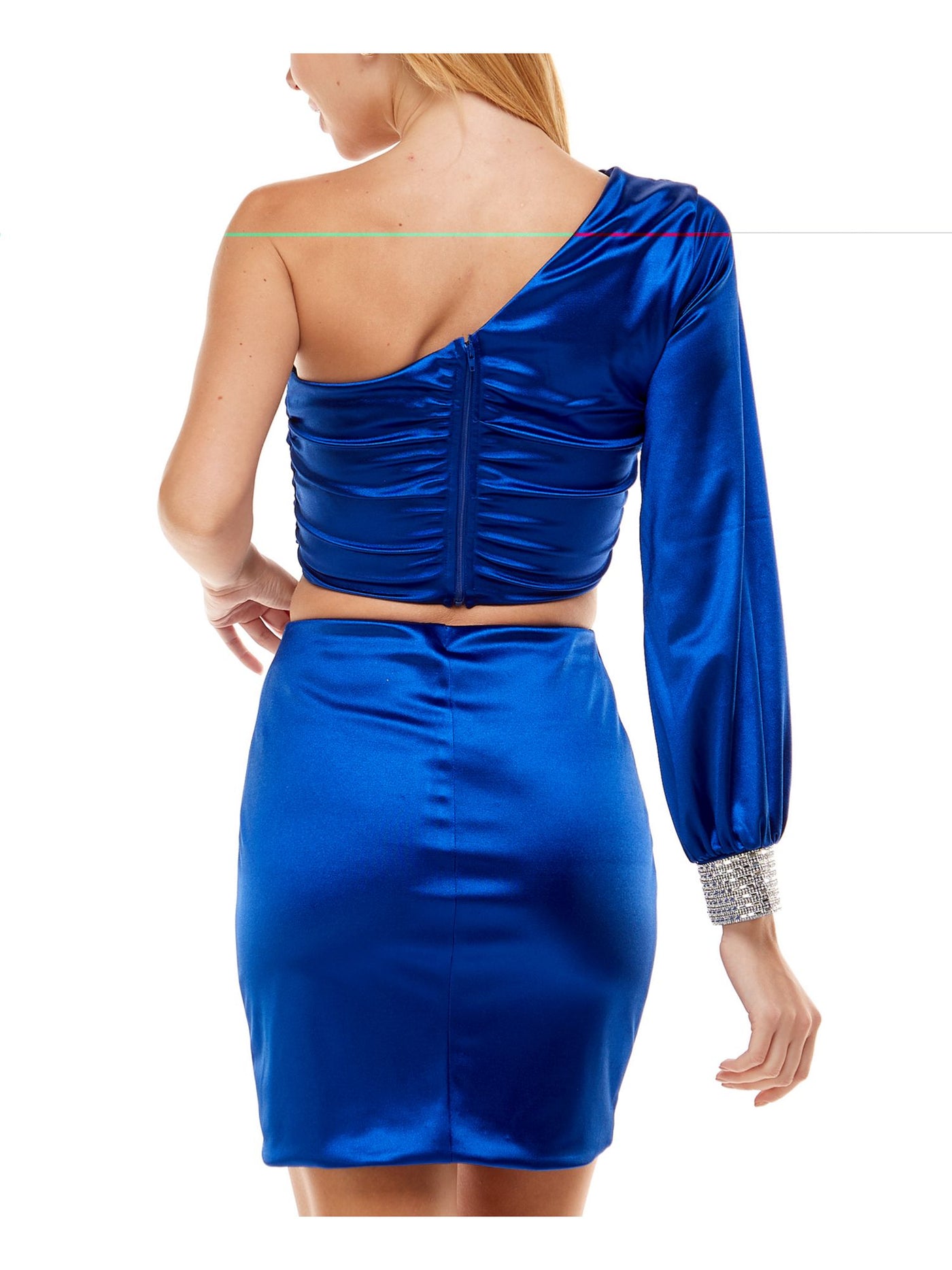 CITY STUDIO Womens Blue Rhinestone Zippered Ruched Lined Slitted Blouson Sleeve Asymmetrical Neckline Short Party Body Con Dress 11