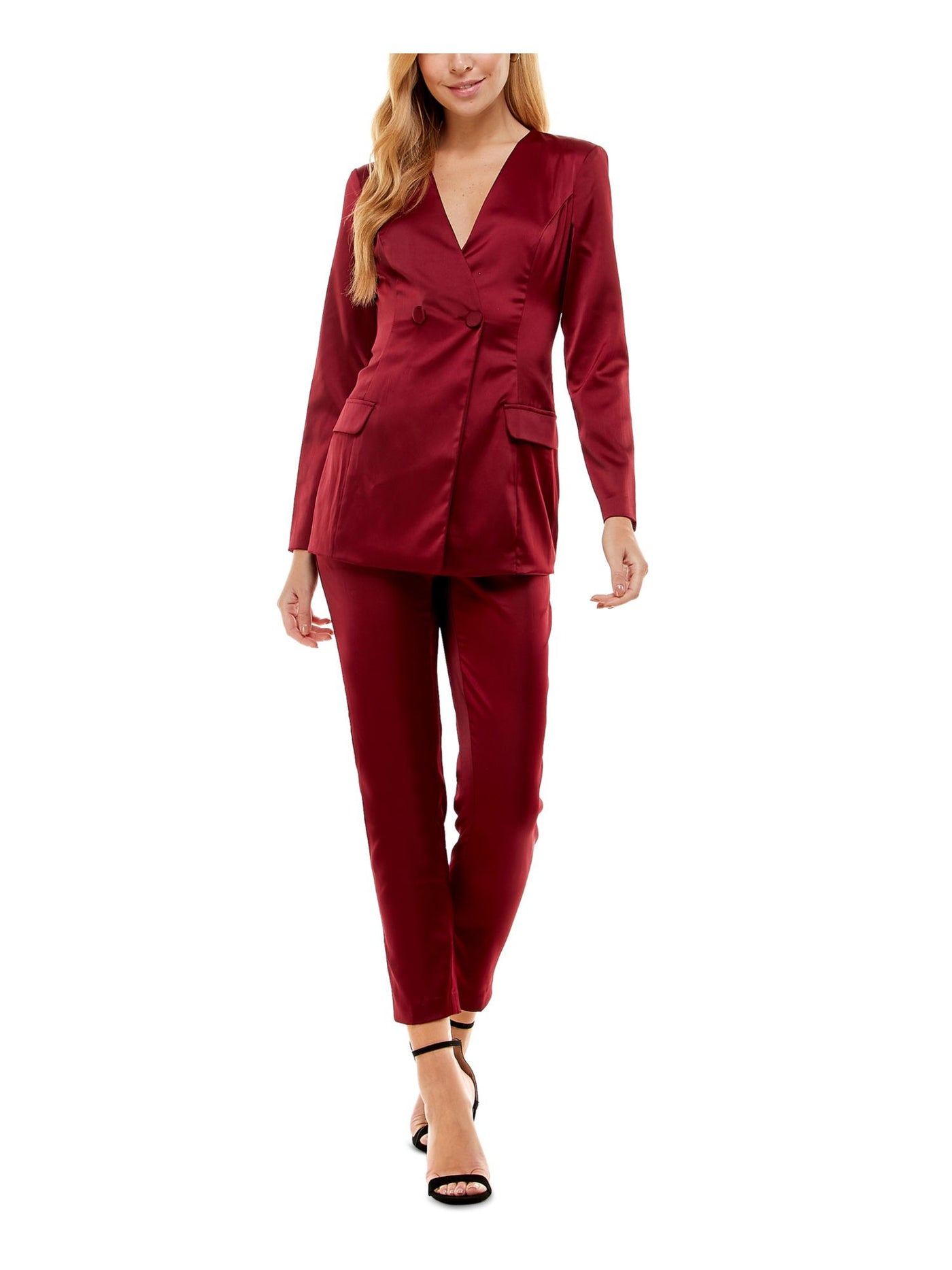 CITY STUDIO Womens Burgundy Stretch Pocketed Short Length Slim Elastic-waist Pull-on Formal Blazer Straight leg Pant Suit 1