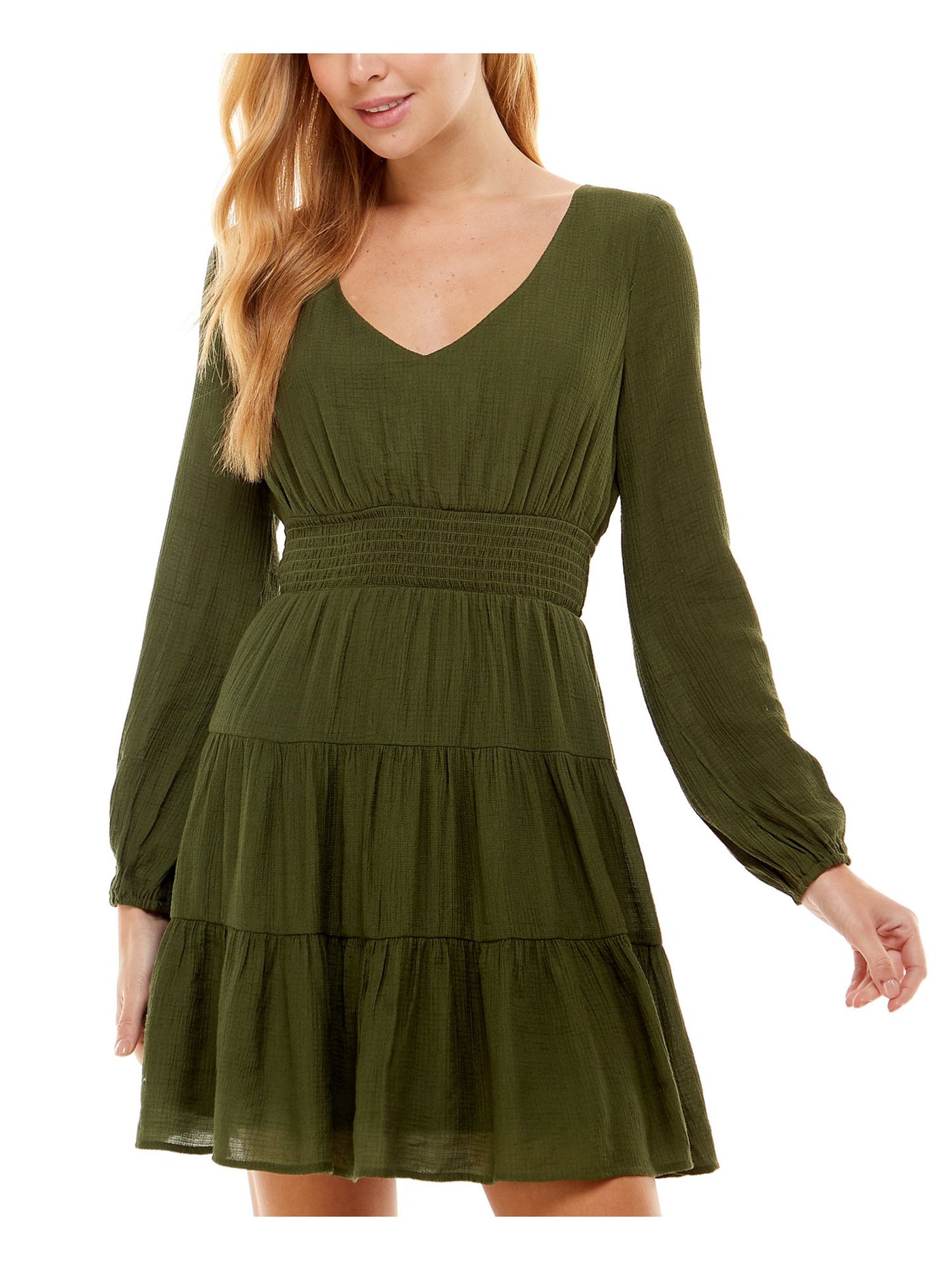 CITY STUDIO Womens Green Smocked Textured Tie Neck Long Sleeve V Neck Short Party Fit + Flare Dress XXL