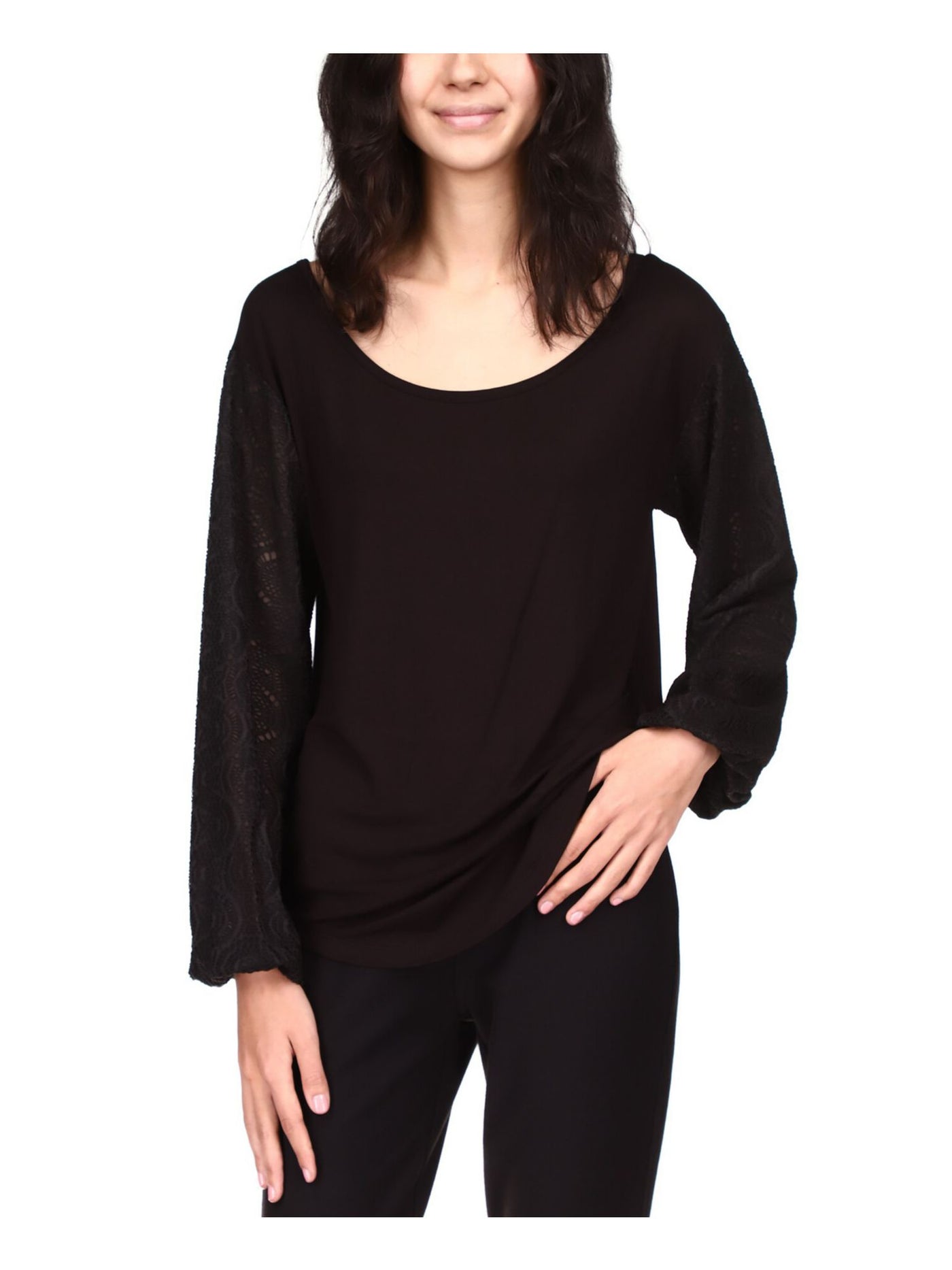 MICHAEL MICHAEL KORS Womens Black Stretch Blouson Sleeve Scoop Neck Top XXS