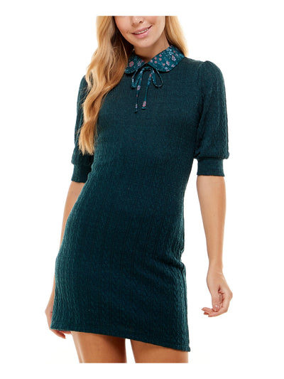 KINGSTON GREY Womens Green Stretch Tie Pouf Sleeve Peter Pan Collar Mini Party Sweater Dress S