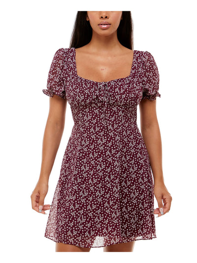 B DARLIN Womens Burgundy Pleated Smocked Floral Pouf Sleeve Queen Anne Neckline Mini Party Empire Waist Dress 3\4