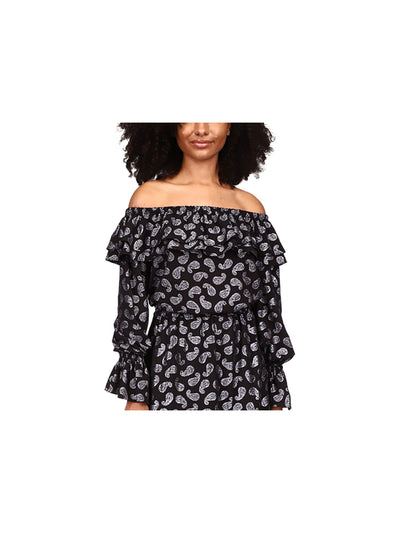 MICHAEL KORS Womens Black Ruffled Sheer Unlined Paisley Long Sleeve Off Shoulder Top XS