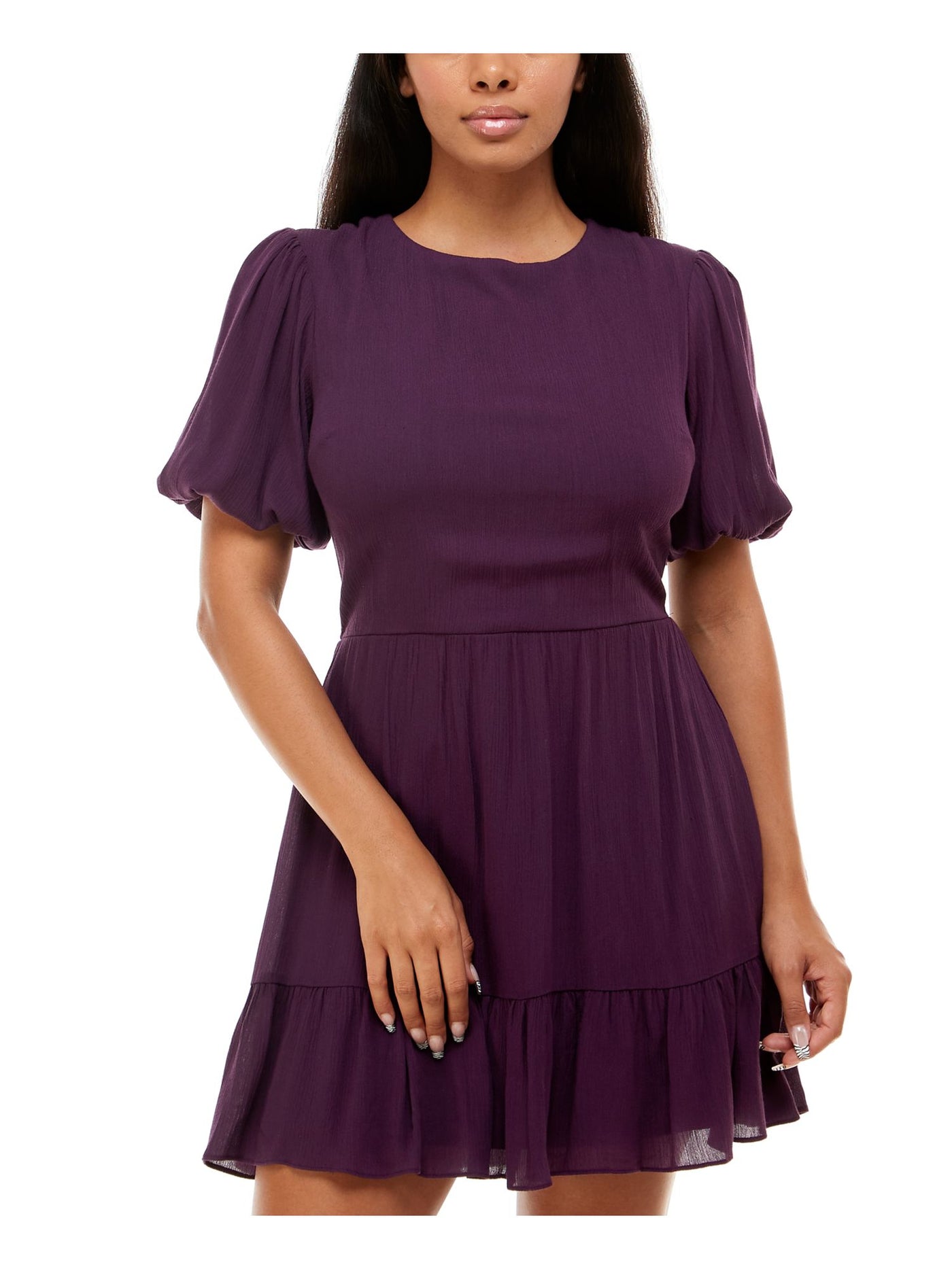 B DARLIN Womens Purple Smocked Ruffled Keyhole Tie Back Lined Pouf Sleeve Jewel Neck Short Fit + Flare Dress 7\8