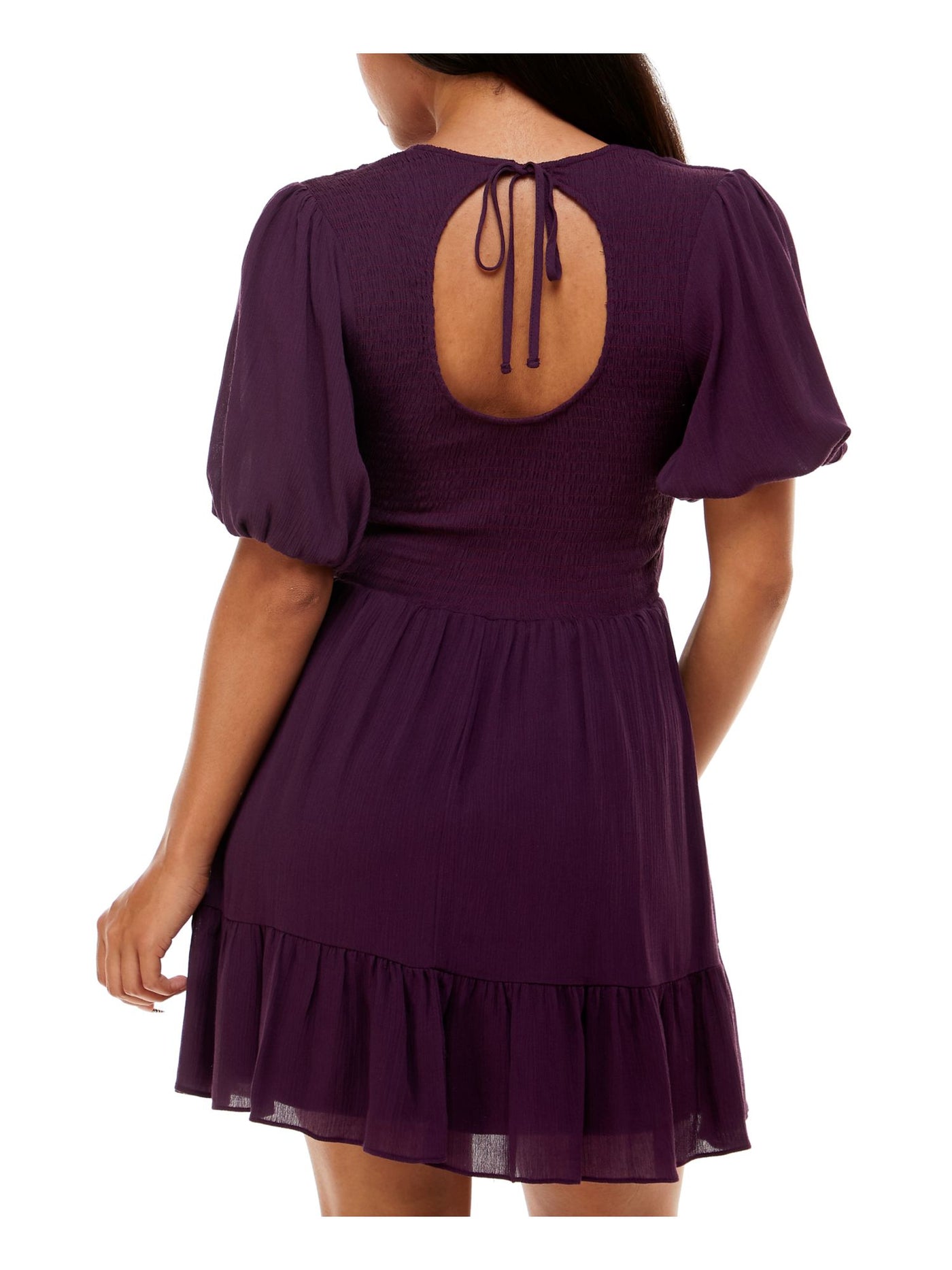 B DARLIN Womens Purple Smocked Ruffled Keyhole Tie Back Lined Pouf Sleeve Jewel Neck Short Fit + Flare Dress 5\6