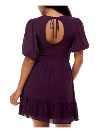 B DARLIN Womens Purple Smocked Ruffled Keyhole Tie Back Lined Pouf Sleeve Jewel Neck Short Fit + Flare Dress 0