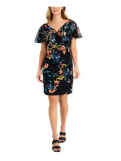 CONNECTED APPAREL Womens Black Stretch Ruffled Sheer Overlay Floral Flutter Sleeve V Neck Knee Length Cocktail Sheath Dress Plus 16W