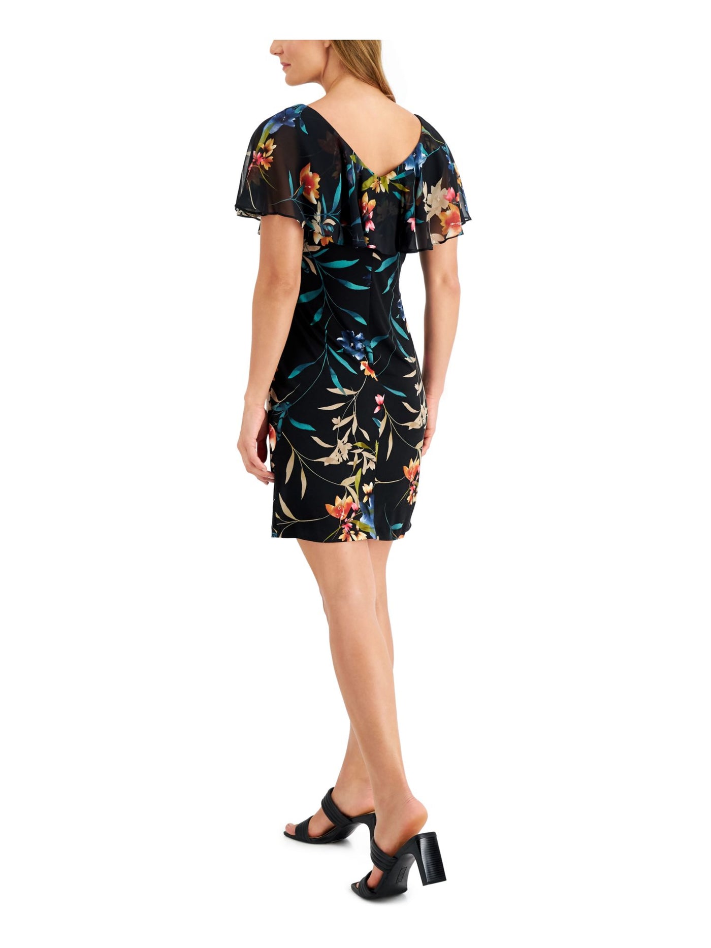 CONNECTED APPAREL Womens Stretch Ruffled Sheer Overlay Flutter Sleeve V Neck Knee Length Cocktail Sheath Dress