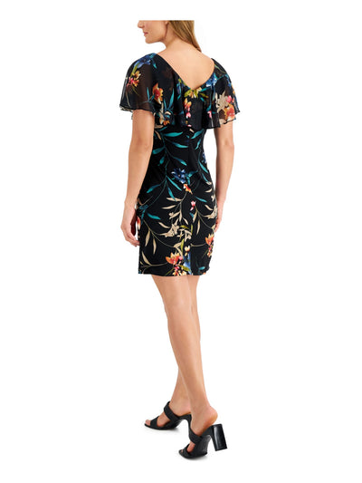 CONNECTED APPAREL Womens Stretch Ruffled Sheer Overlay Flutter Sleeve V Neck Knee Length Cocktail Sheath Dress