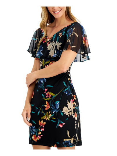 CONNECTED APPAREL Womens Black Stretch Ruffled Sheer Overlay Floral Flutter Sleeve V Neck Knee Length Cocktail Sheath Dress Plus 16W