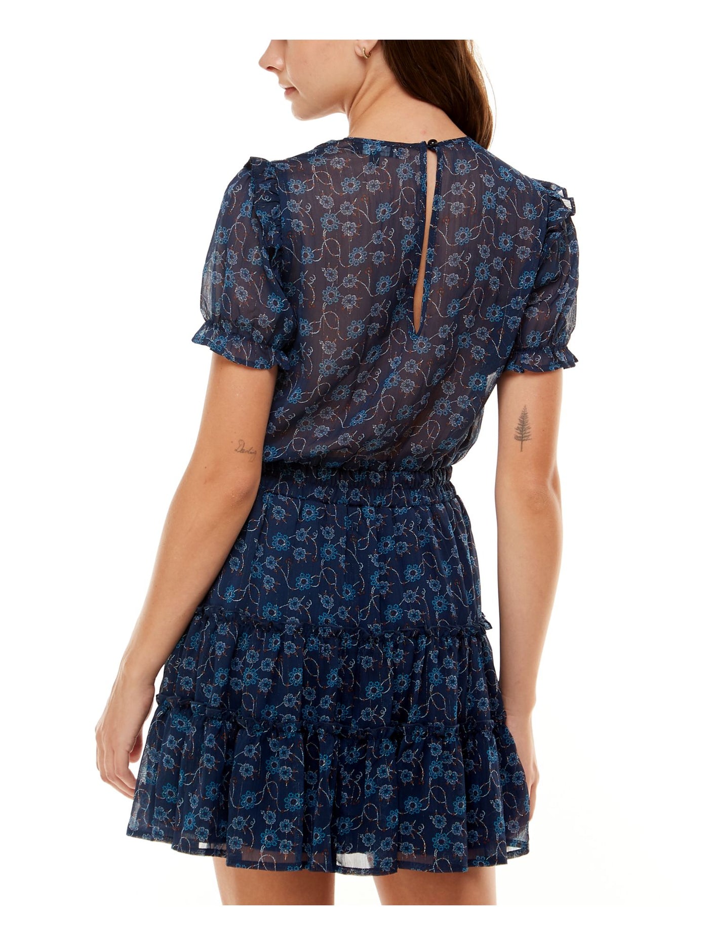 TRIXXI Womens Navy Ruffled Sheer Tie Tiered Floral Short Sleeve Surplice Neckline Mini Party Fit + Flare Dress XXS