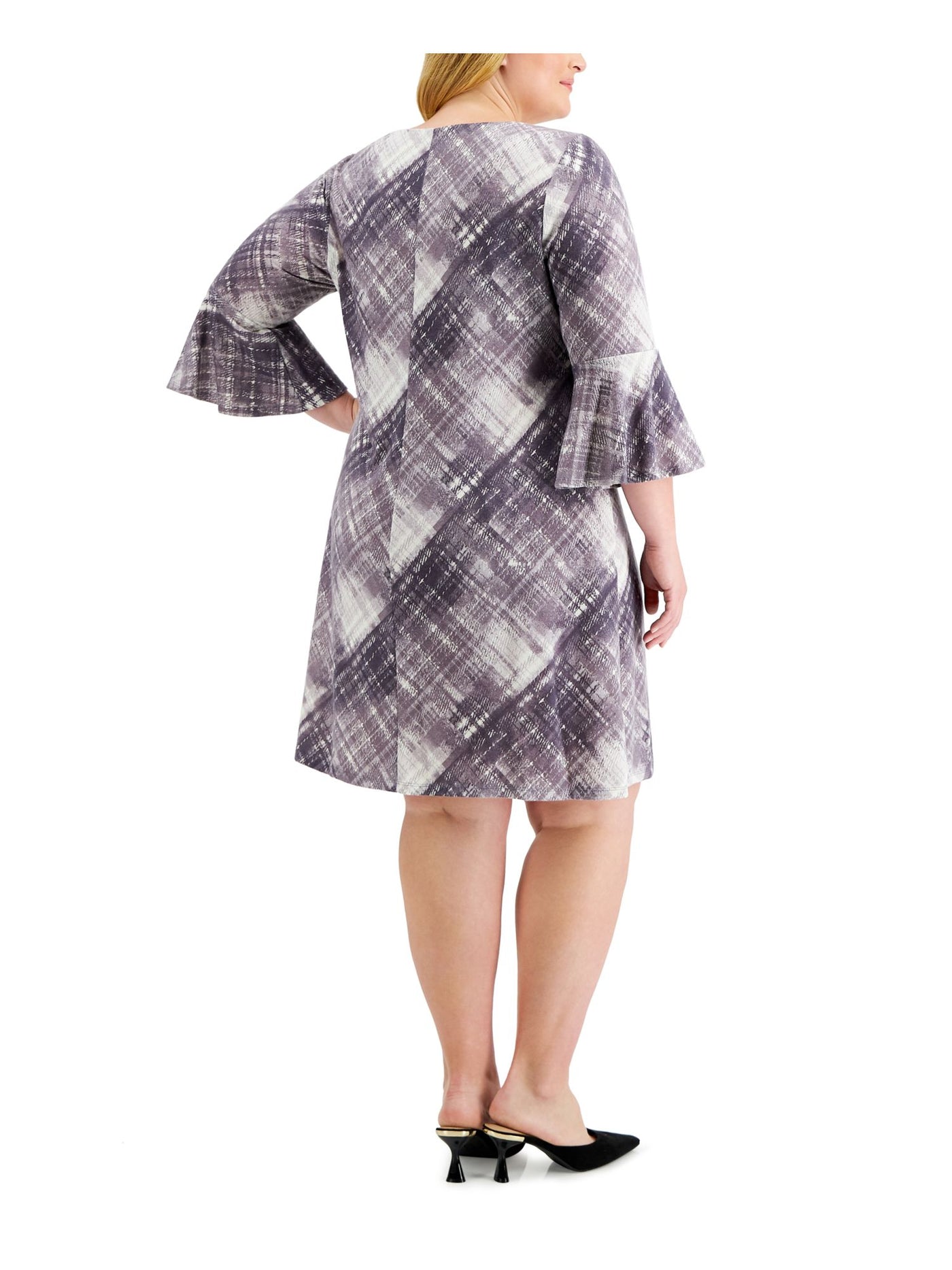 CONNECTED APPAREL Womens Purple Stretch Plaid Bell Sleeve Round Neck Above The Knee Wear To Work Fit + Flare Dress Plus 20W