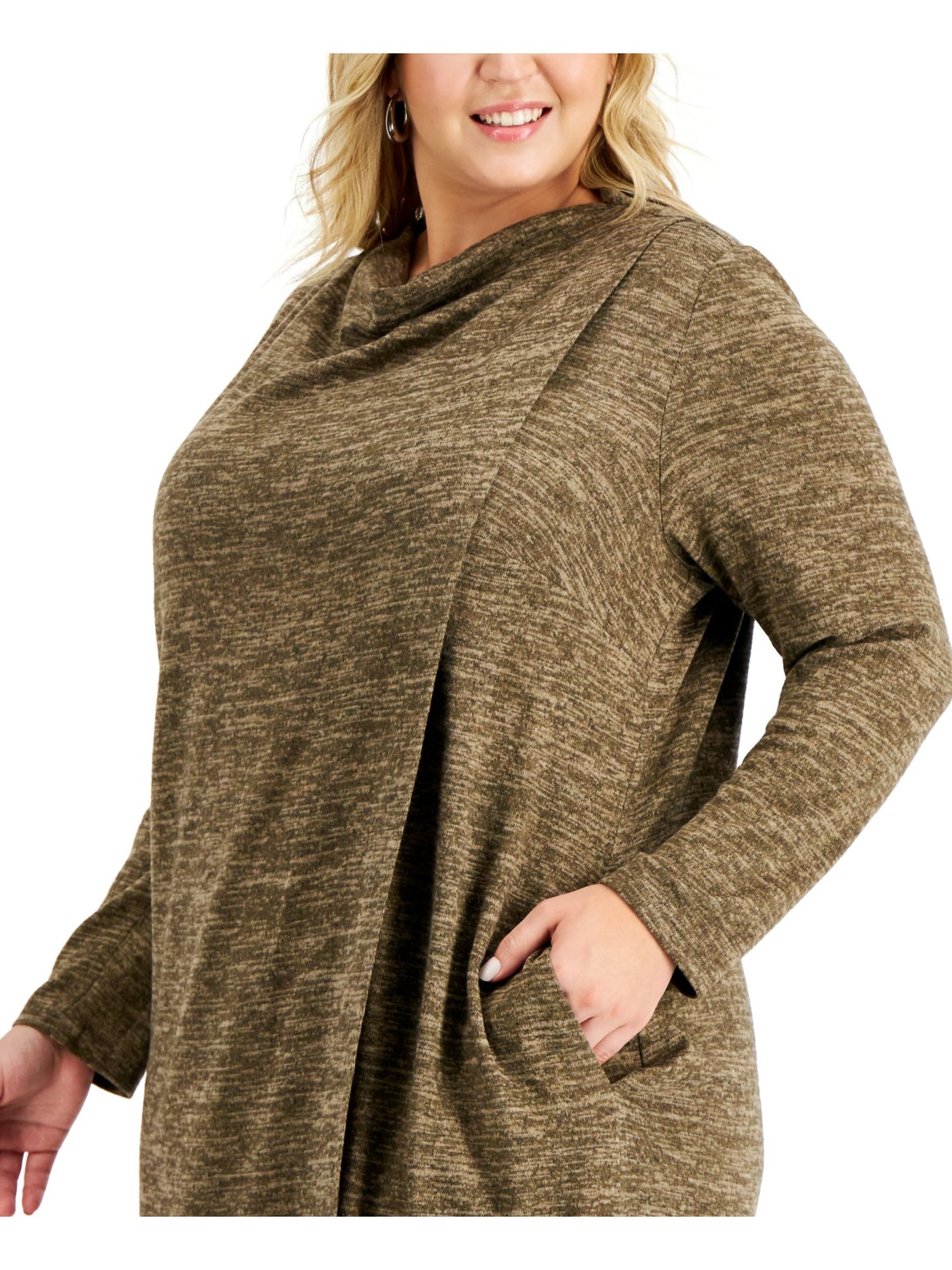 CONNECTED APPAREL Womens Brown Pocketed Asymmetrical Design Heather Long Sleeve Cowl Neck Knee Length Wear To Work Sheath Dress Plus 20W