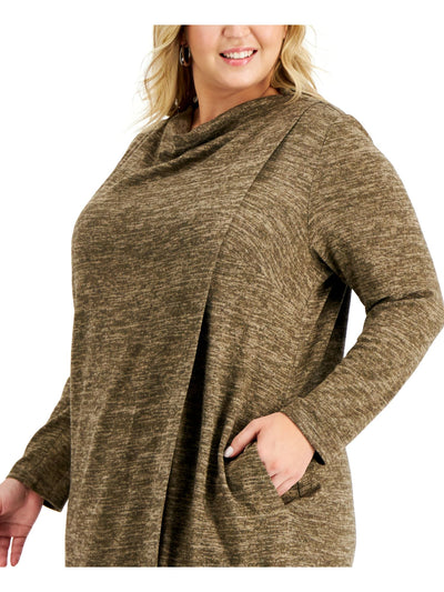 CONNECTED APPAREL Womens Brown Pocketed Asymmetrical Design Heather Long Sleeve Cowl Neck Knee Length Wear To Work Sheath Dress Plus 20W