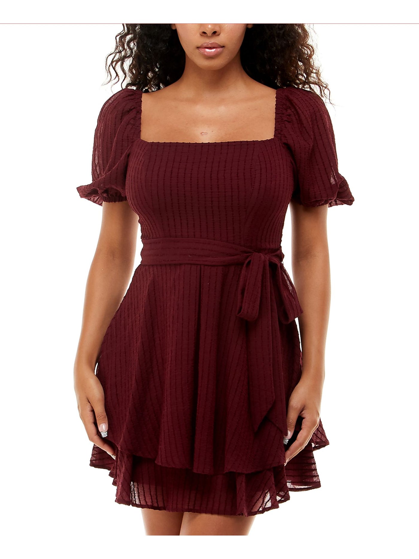 B DARLIN Womens Maroon Zippered Belted Square Back Neck Tiered Skirt Pouf Sleeve Square Neck Above The Knee Wear To Work Fit + Flare Dress 11\12