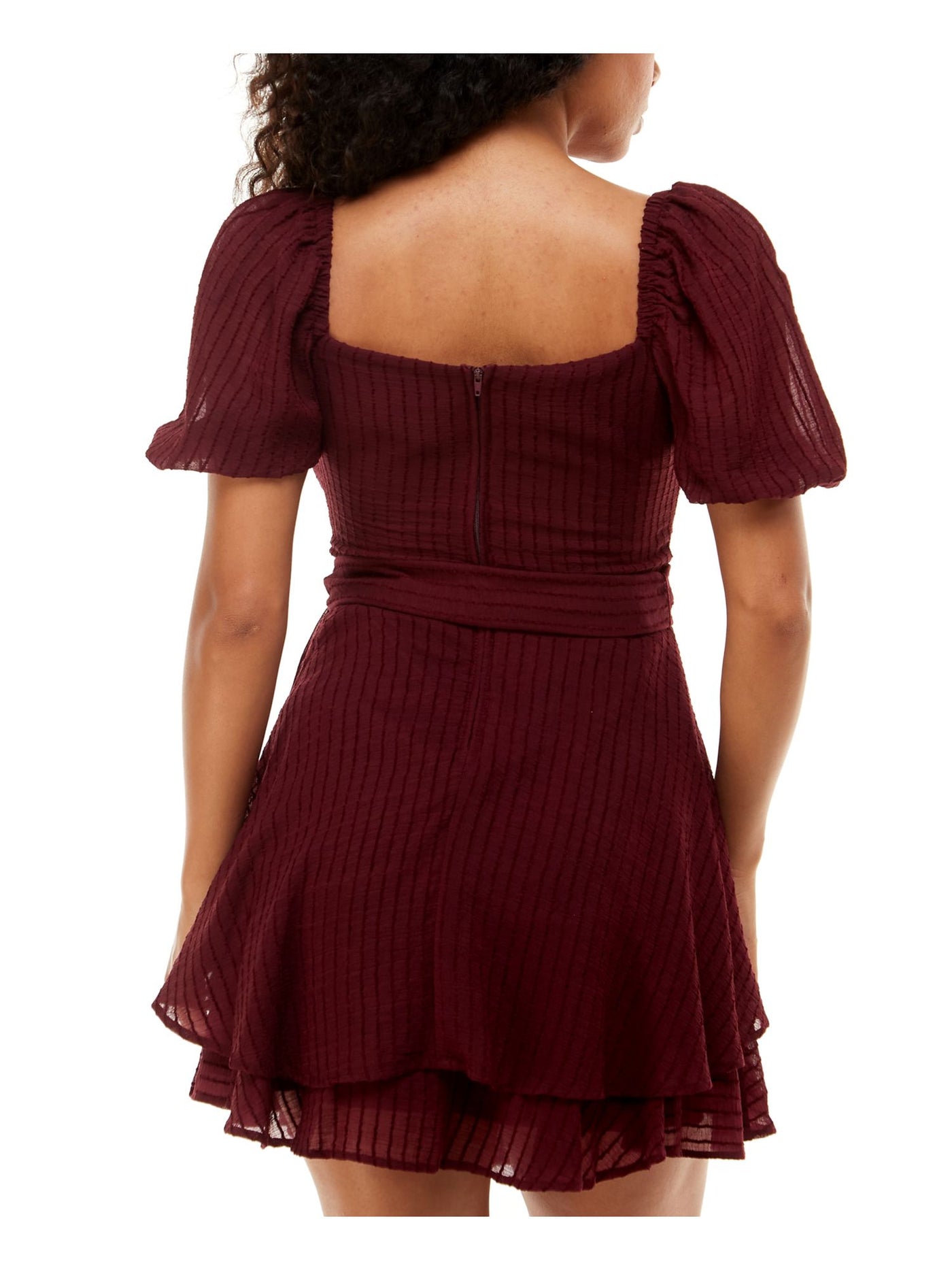 B DARLIN Womens Maroon Zippered Belted Square Back Neck Tiered Skirt Pouf Sleeve Square Neck Above The Knee Wear To Work Fit + Flare Dress 11\12