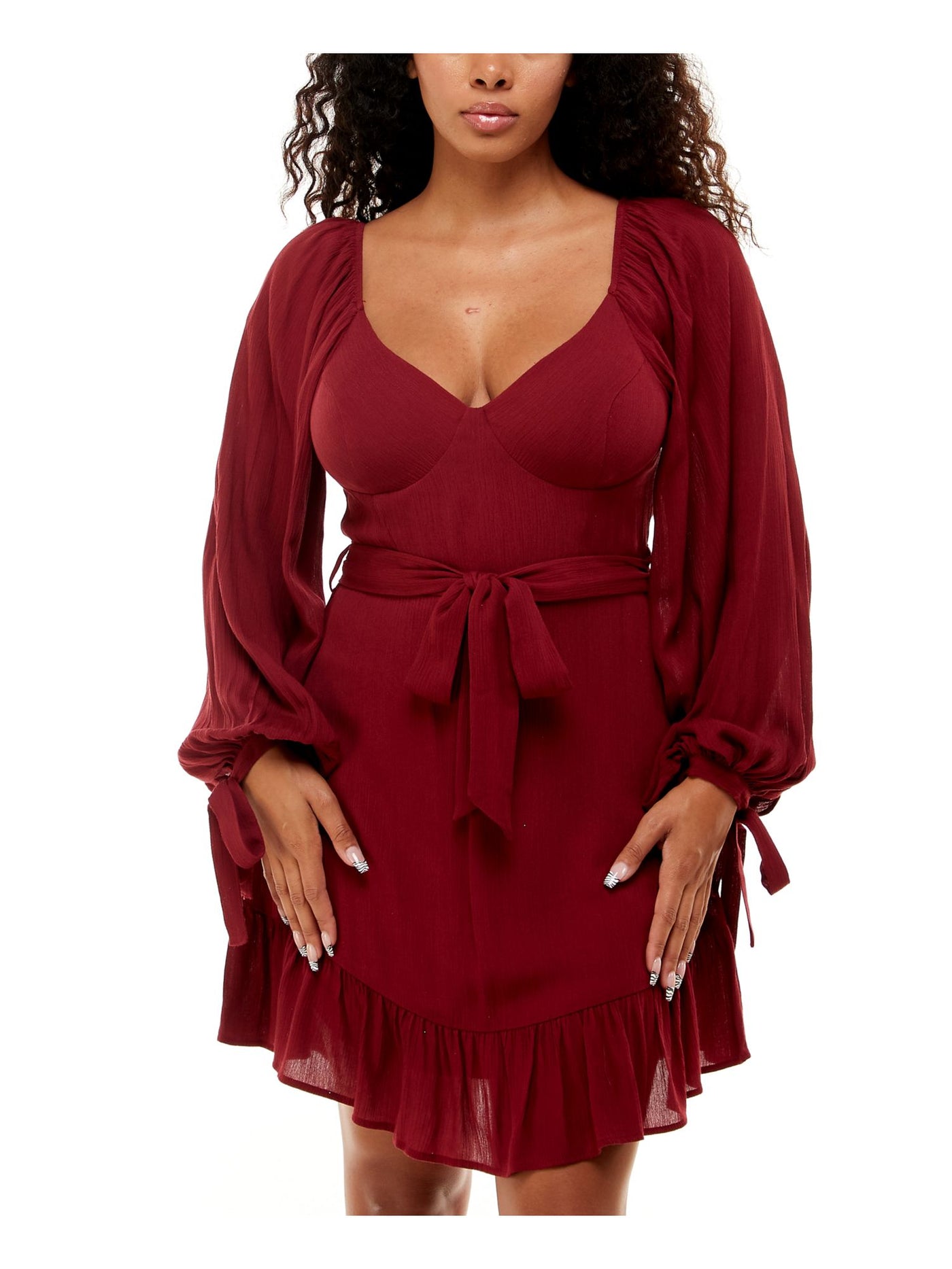 B DARLIN Womens Burgundy Zippered Tie Ruffled Padded Curved Hem Balloon Sleeve Scoop Neck Short Party Fit + Flare Dress 1\2