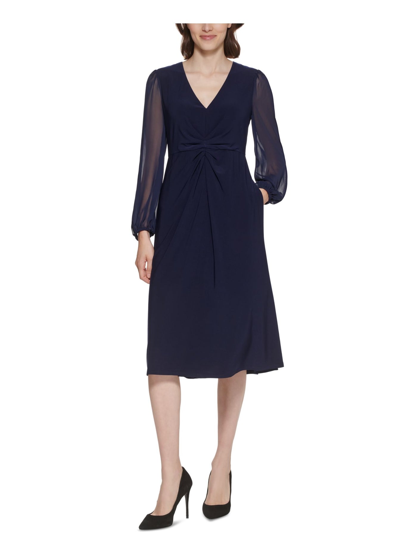 JESSICA HOWARD Womens Navy Ruched Zippered Lined Bodice Sheer Long Sleeve V Neck Below The Knee Fit + Flare Dress Petites 4P