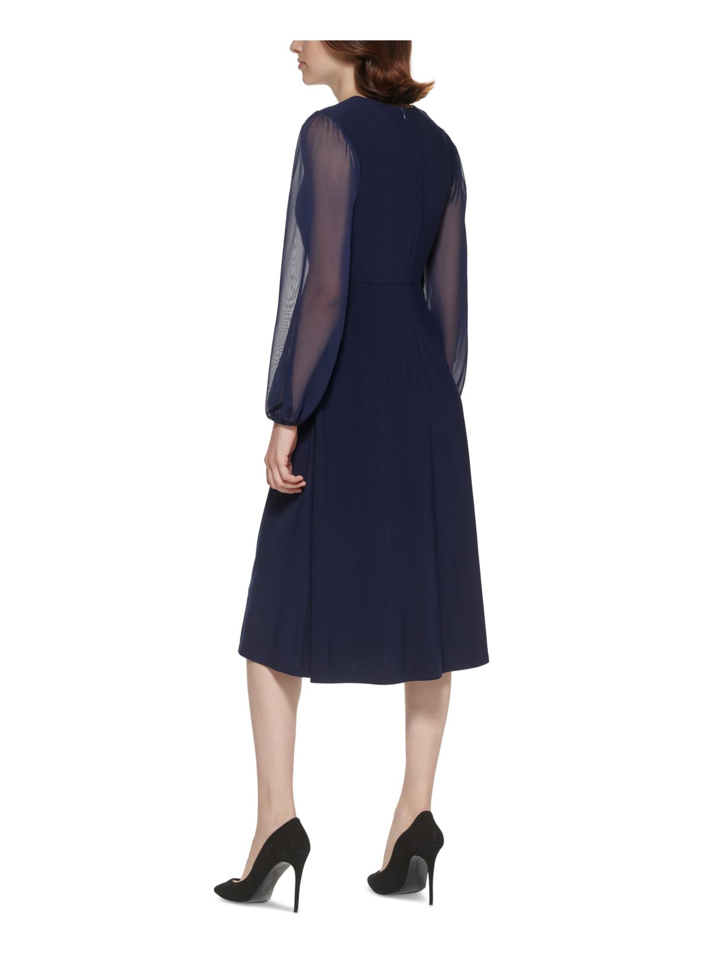 JESSICA HOWARD Womens Navy Ruched Zippered Lined Bodice Sheer Long Sleeve V Neck Below The Knee Fit + Flare Dress Petites 4P