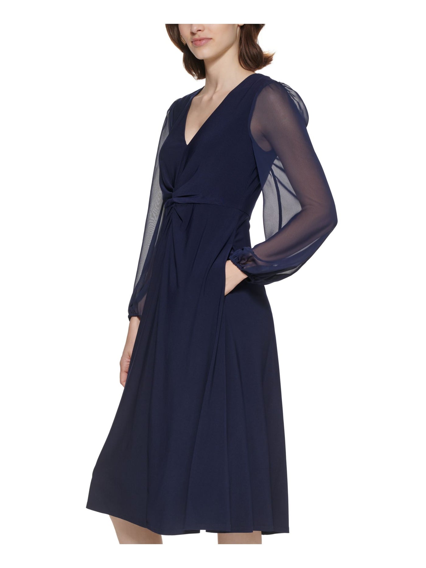 JESSICA HOWARD Womens Navy Ruched Zippered Lined Bodice Sheer Long Sleeve V Neck Below The Knee Fit + Flare Dress Petites 4P