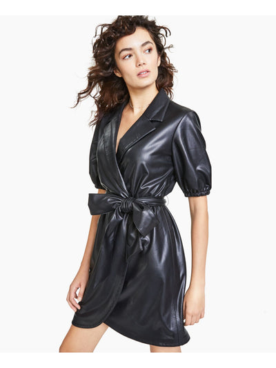 BAR III DRESSES Womens Faux Leather Belted Zippered Notch Collar Lined Elastic Waist Pouf Sleeve Surplice Neckline Short Faux Wrap Dress