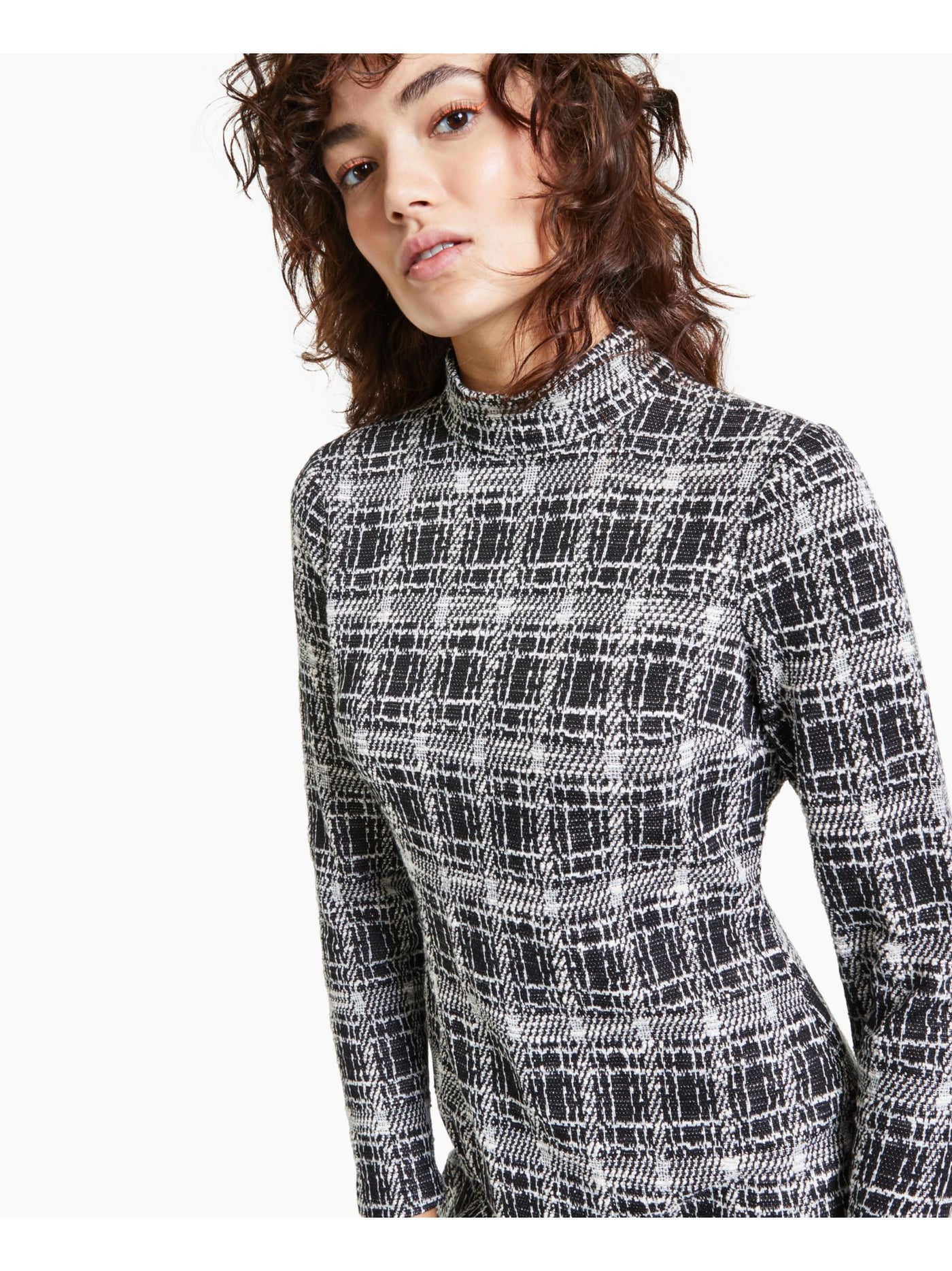 BAR III DRESSES Womens Black Zippered Plaid Long Sleeve Mock Neck Short Sheath Dress S